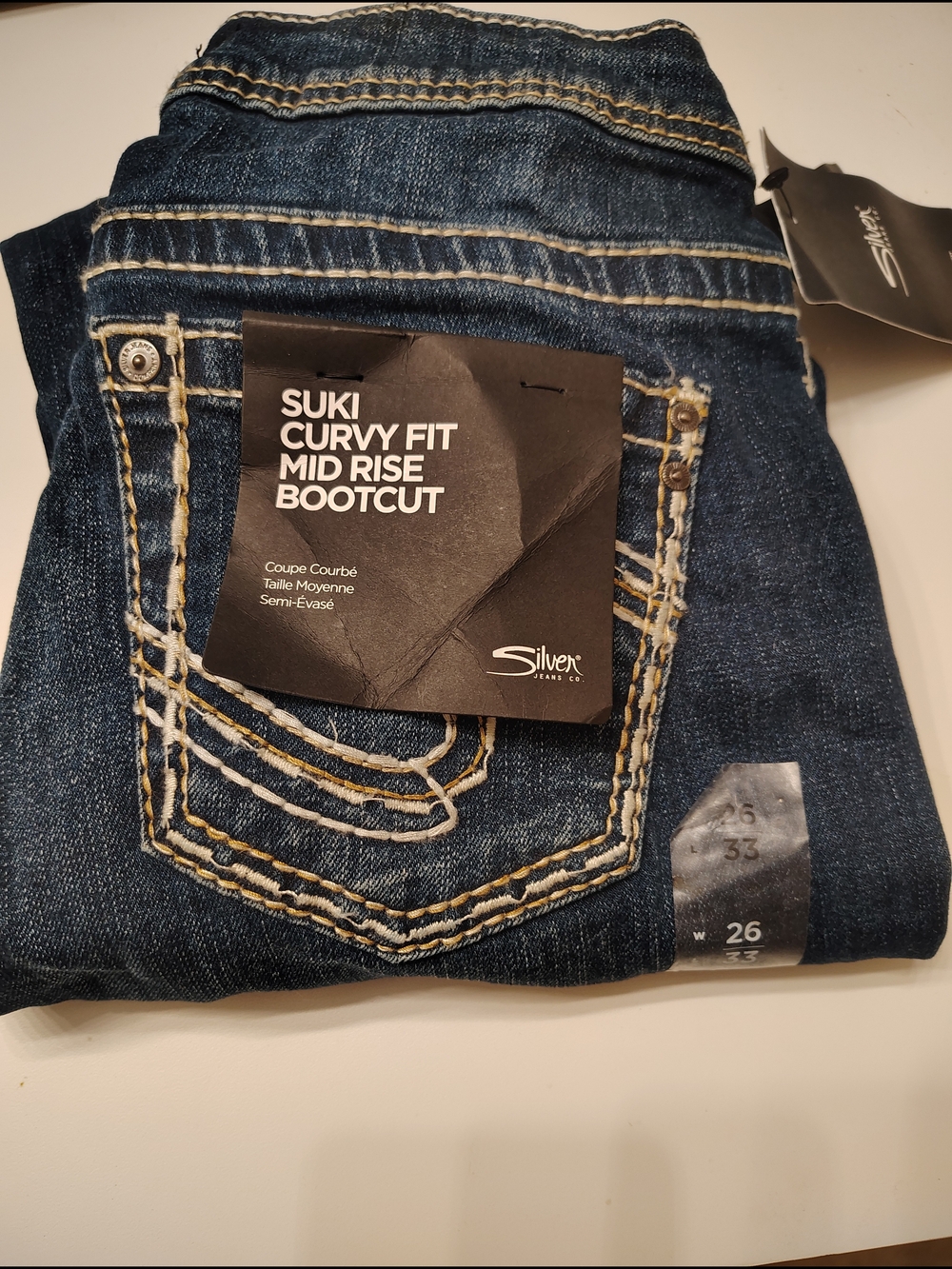 Silver Jeans Suki Curvy Fit Mid Rise Bootcut - Dark Blue with Contrast Stitching